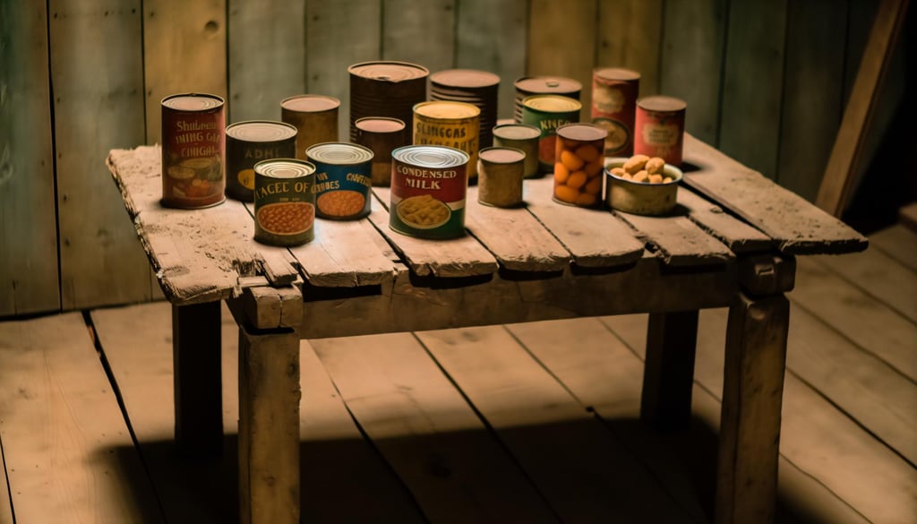 A wooden schedule with tins of old fashioned food on it